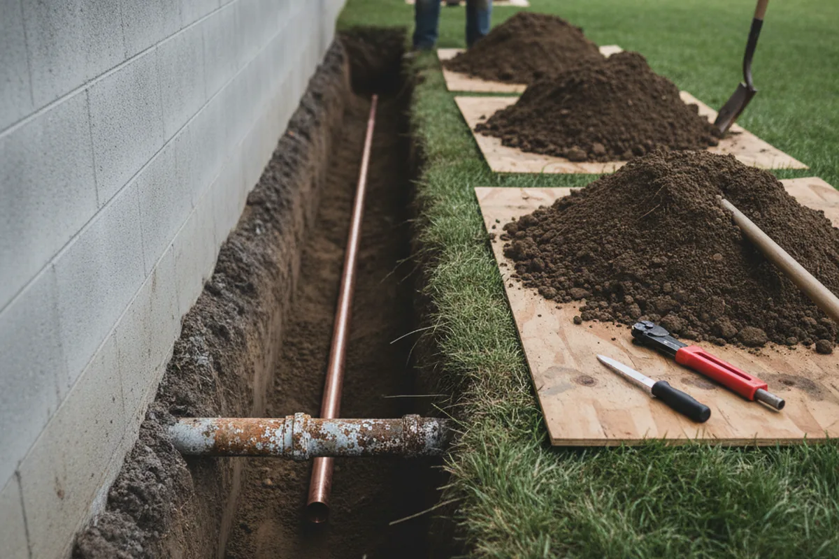 Excavated water line trench during Sewer Line Repair in Broadway